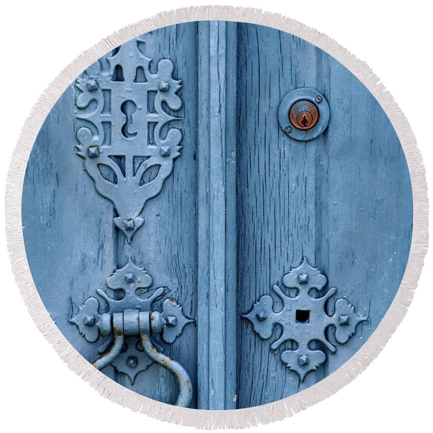 Templar Round Beach Towel featuring the photograph Weathered Blue Door Lock by David Letts