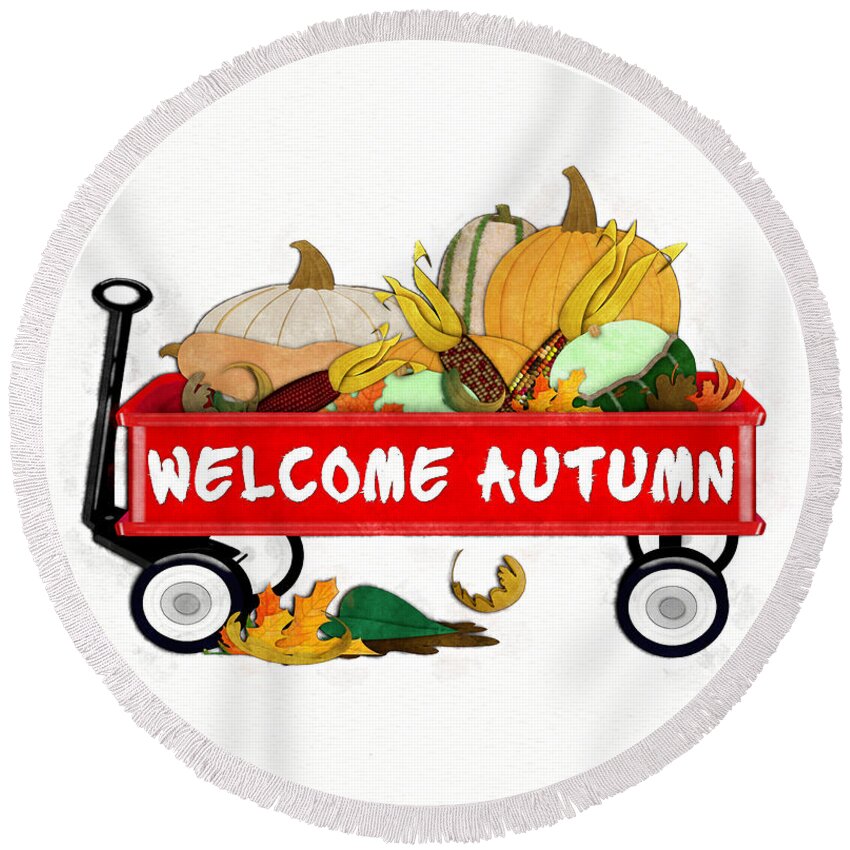 Kids Wagon Round Beach Towel featuring the photograph Welcome Autumn Digital Watercolor by Colleen Cornelius