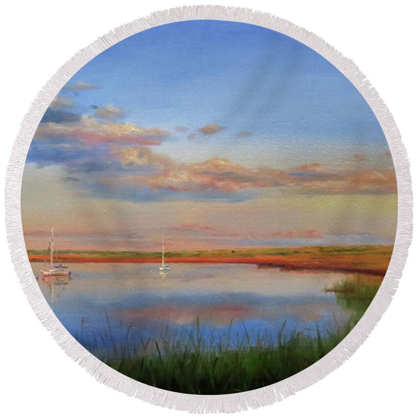 Cape Cod Round Beach Towel featuring the painting West Bay Landing, Osterville by Jonathan Gladding