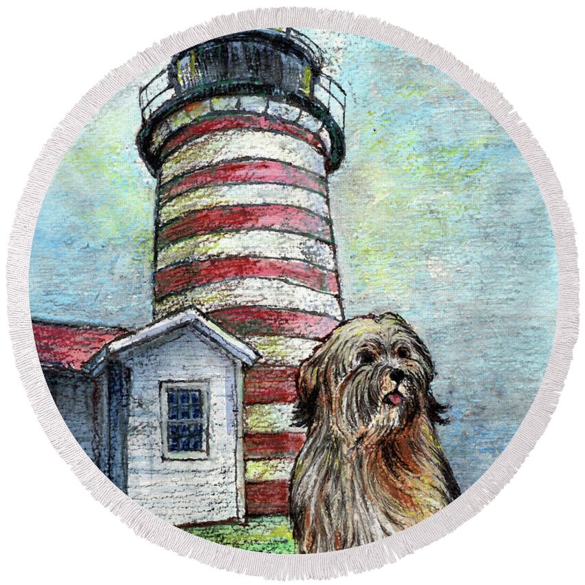 West Quoddy Head Round Beach Towel featuring the mixed media West Quoddy Head by AnneMarie Welsh