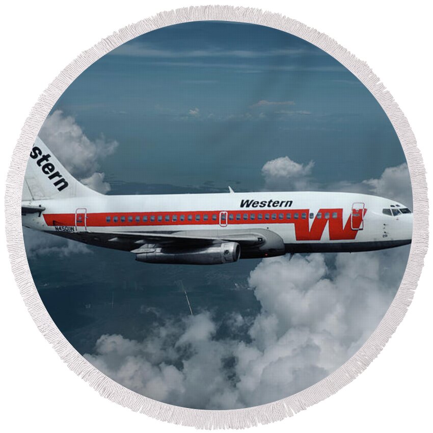 Western Airlines Round Beach Towel featuring the mixed media Western Airlines Boeing 737-247 by Erik Simonsen