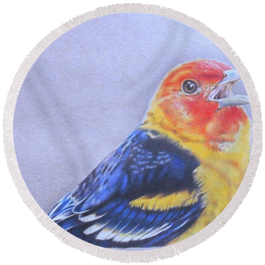 Western Tanager Round Beach Towel featuring the drawing Western Tanager - Male by Karrie J Butler