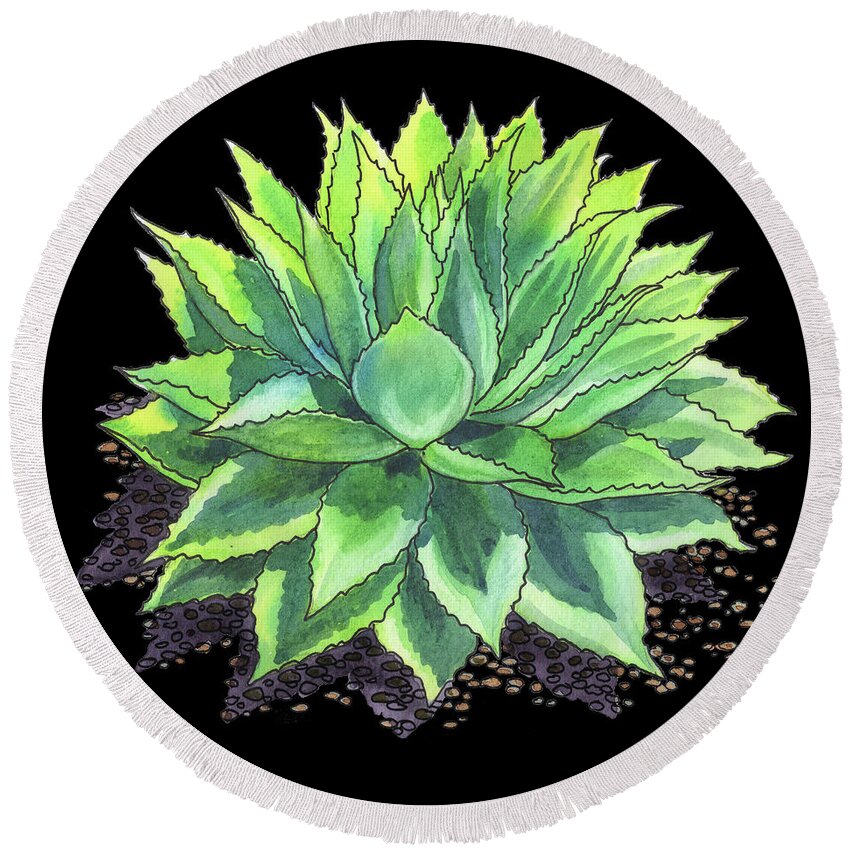 Succulent Round Beach Towel featuring the painting Whale Tongue Agave Succulent Plant Watercolor by Irina Sztukowski