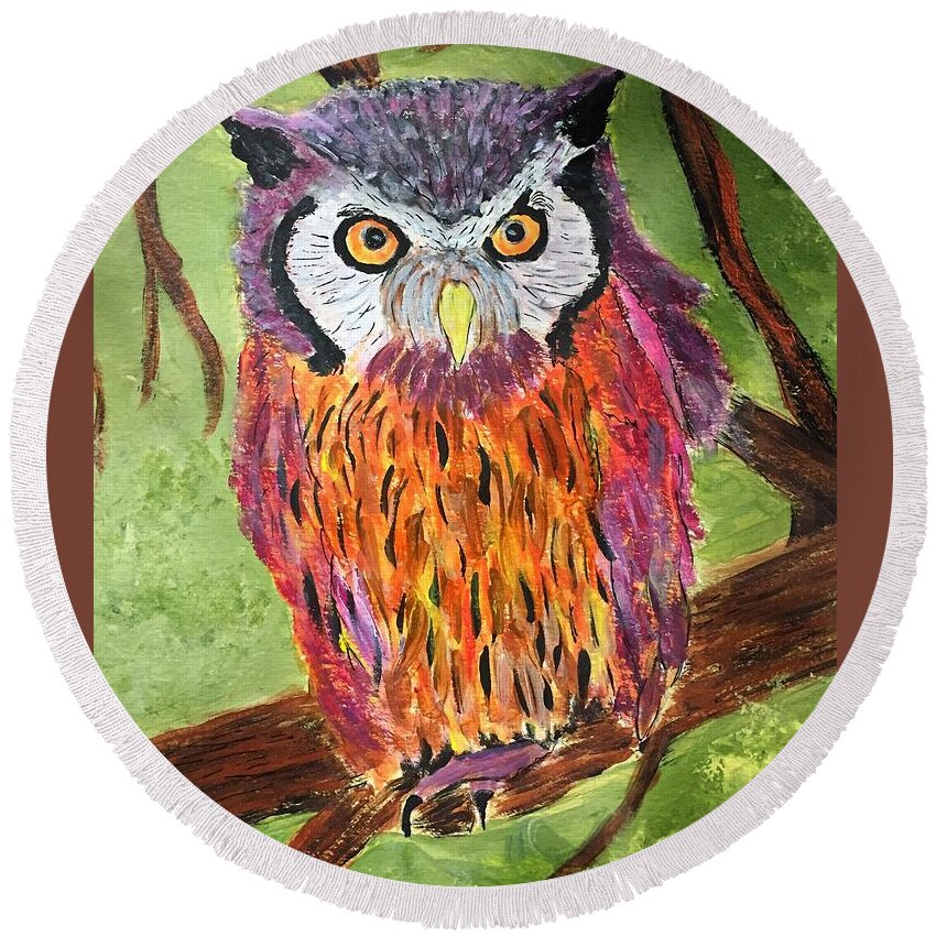 Wise Owl Round Beach Towel featuring the painting What a Hoot by Anne Sands