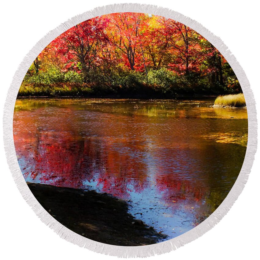 Maine Waterscapes Round Beach Towel featuring the photograph When Autumn Flows by Karen Wiles