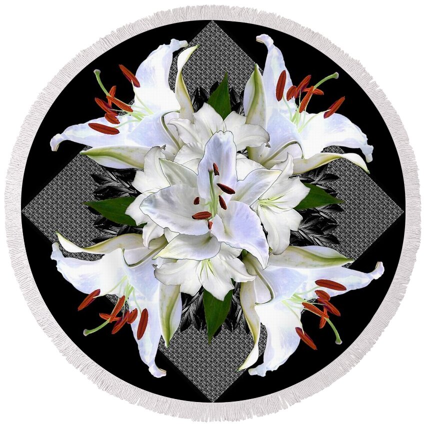 White Round Beach Towel featuring the digital art White Lily Collage for Pillows by Delynn Addams