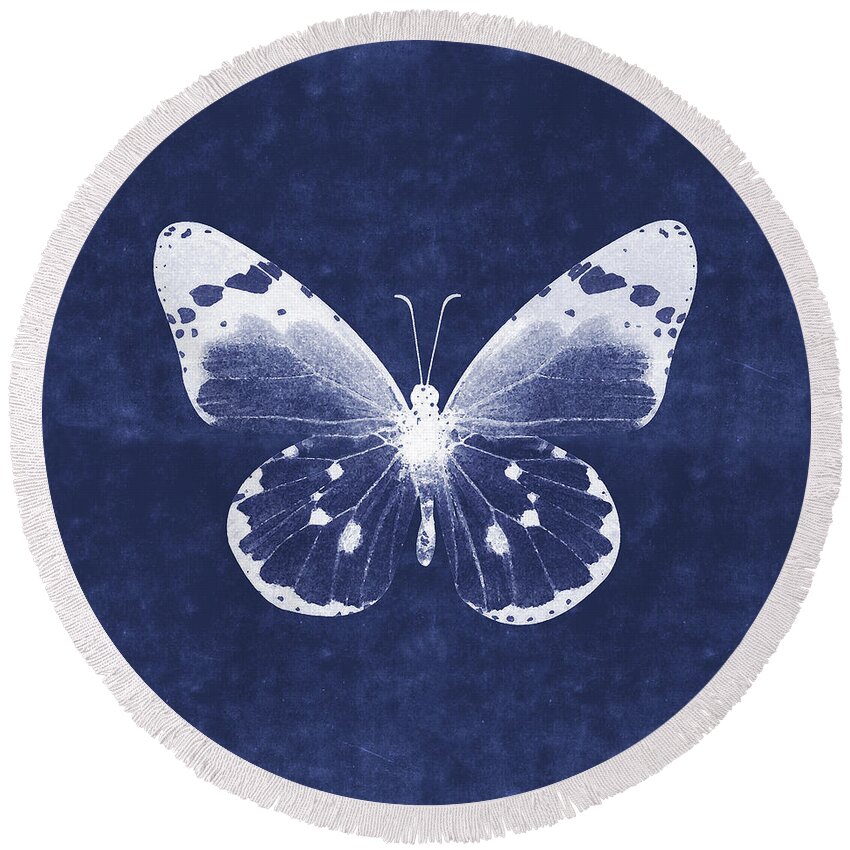 Butterfly White Blue Indigo Skeleton Butterfly Wings Modern Bohemianinsect Bug Garden Home Decorairbnb Decorliving Room Artbedroom Artcorporate Artset Designgallery Wallart By Linda Woodsart For Interior Designersgreeting Cardpillowtotehospitality Arthotel Artart Licensing Round Beach Towel featuring the mixed media White and Indigo Butterfly 1- Art by Linda Woods by Linda Woods