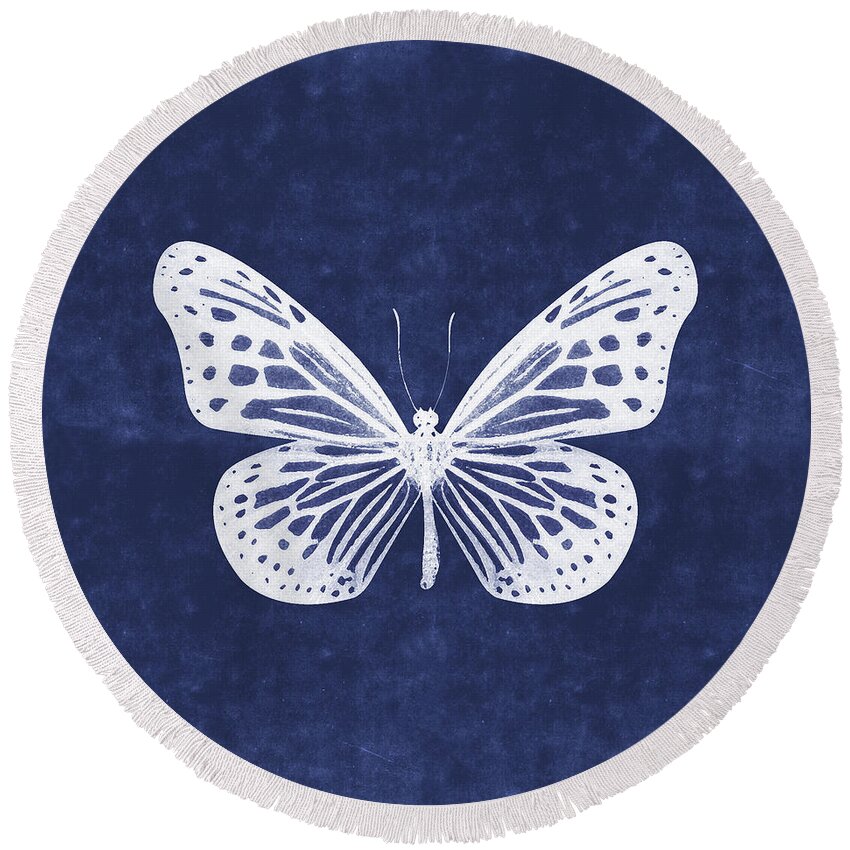 Butterfly Round Beach Towel featuring the mixed media White and Indigo Butterfly- Art by Linda Woods by Linda Woods