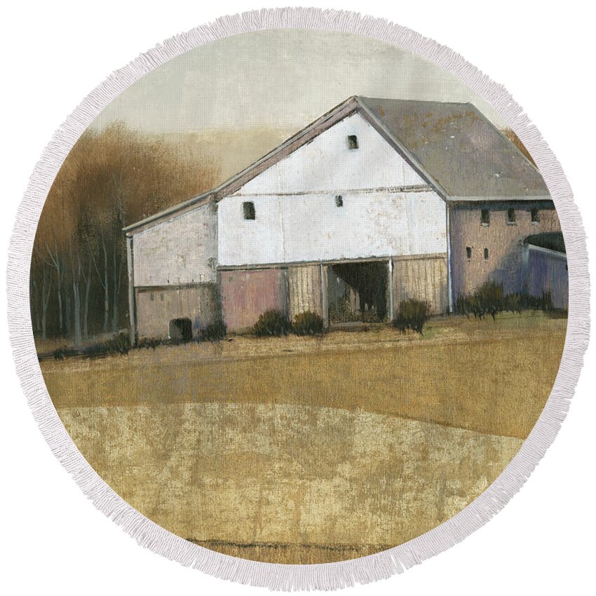 Landscapes Round Beach Towel featuring the painting White Barn View I by Tim Otoole