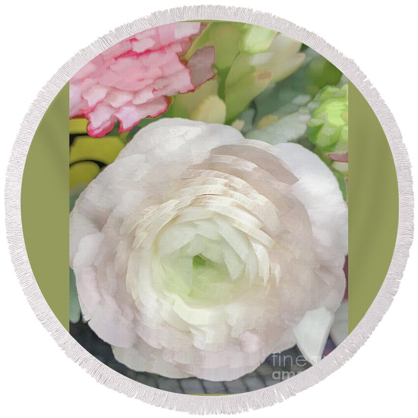 Abstract Round Beach Towel featuring the photograph White rose pastel by Phillip Rubino