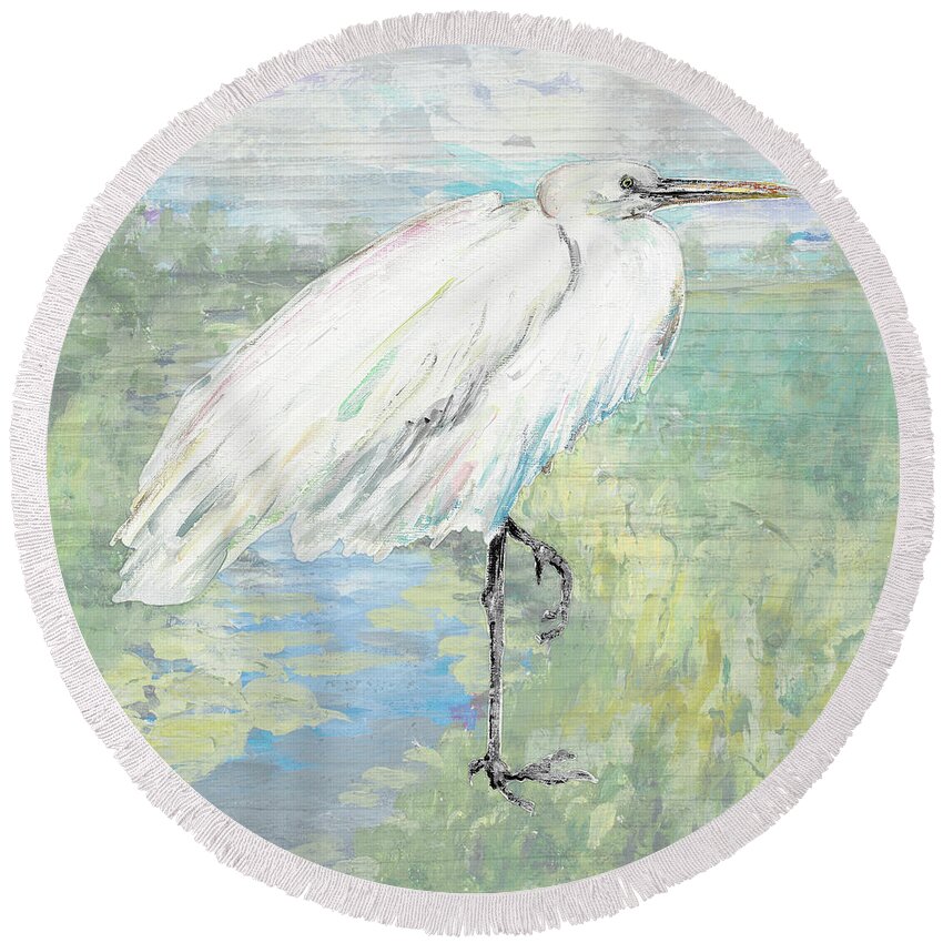 White Round Beach Towel featuring the painting Wild Egret by Patricia Pinto