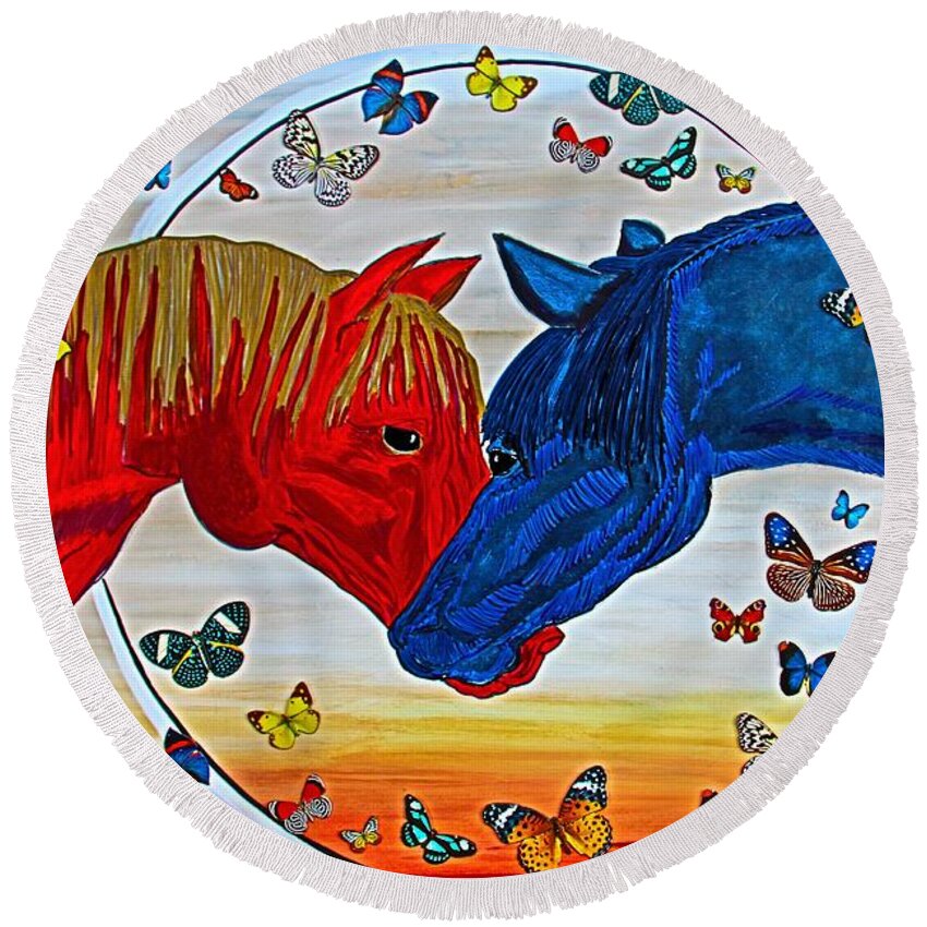 Prints Round Beach Towel featuring the painting Wild Horses Eclipse by Barbara Donovan