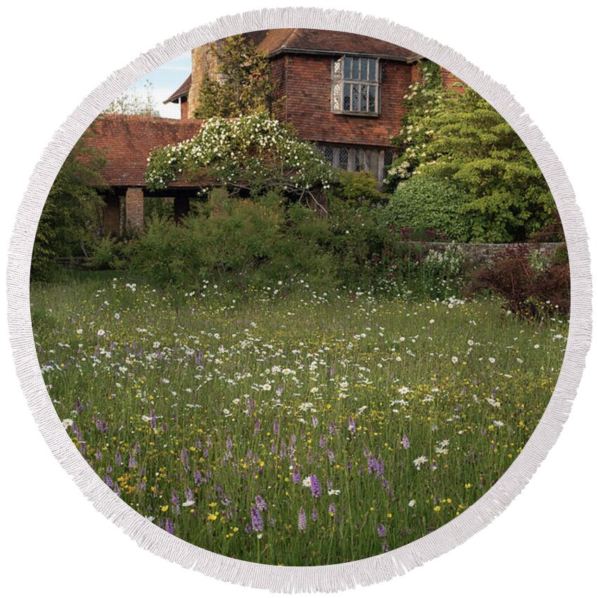 Wildflower Round Beach Towel featuring the photograph Wildflower Meadow, Great Dixter by Perry Rodriguez