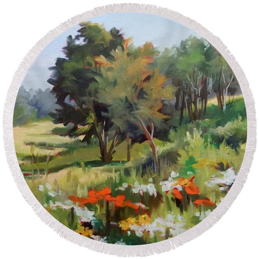 Landscape Round Beach Towel featuring the painting Wildflower Meadow by K M Pawelec