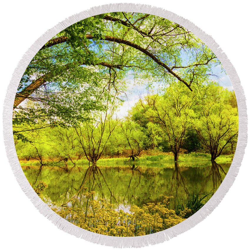 Carolina Round Beach Towel featuring the photograph Wildflowers at the River by Debra and Dave Vanderlaan