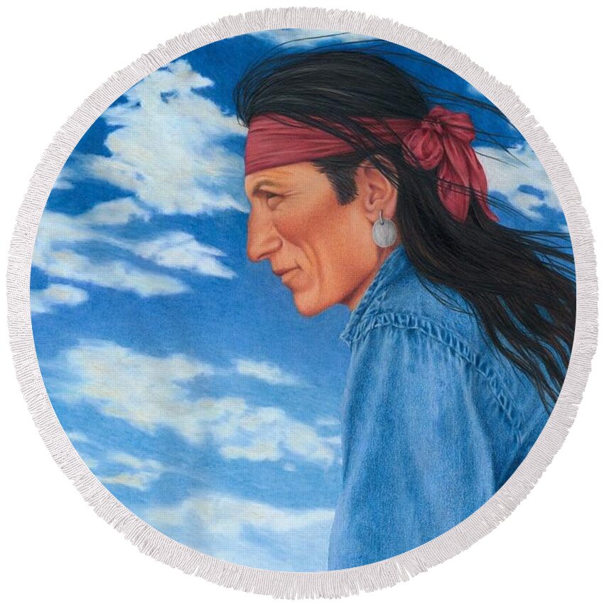 Native American Portrait. American Indian Portrait. Navajo Portrait. Round Beach Towel featuring the painting Wind in His Hair by Valerie Evans