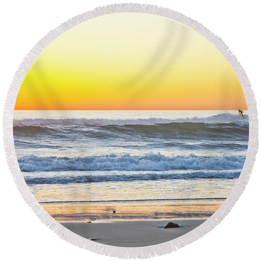 California Beach Round Beach Towel featuring the photograph Wind n Sea Sunset Surfer by Catherine Walters