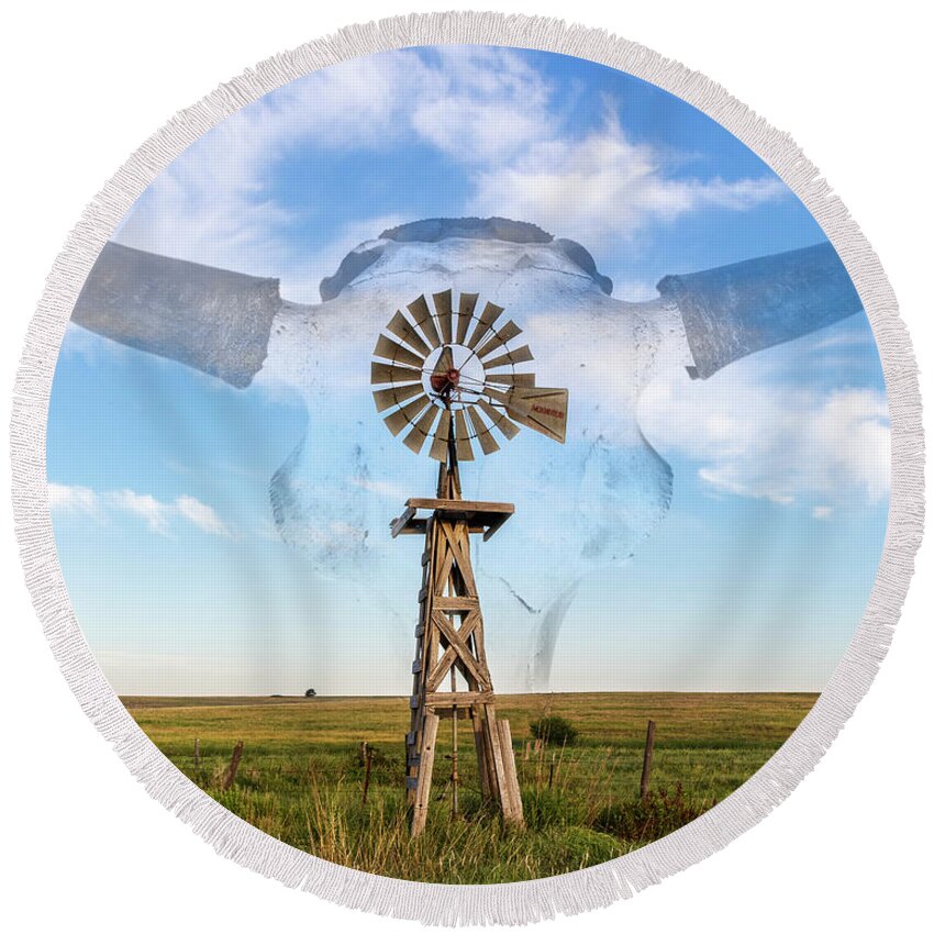 Kansas Round Beach Towel featuring the photograph Windmill and Bison 004 by Rob Graham