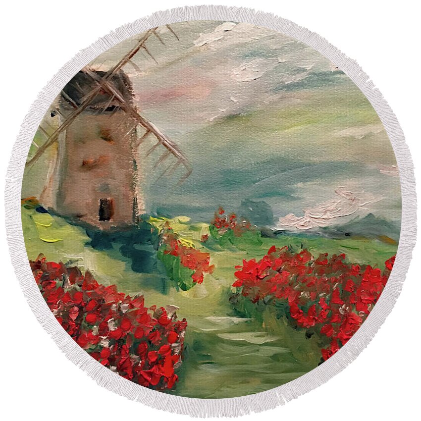 Windmill Round Beach Towel featuring the painting Windmill in a Poppy Field by Roxy Rich