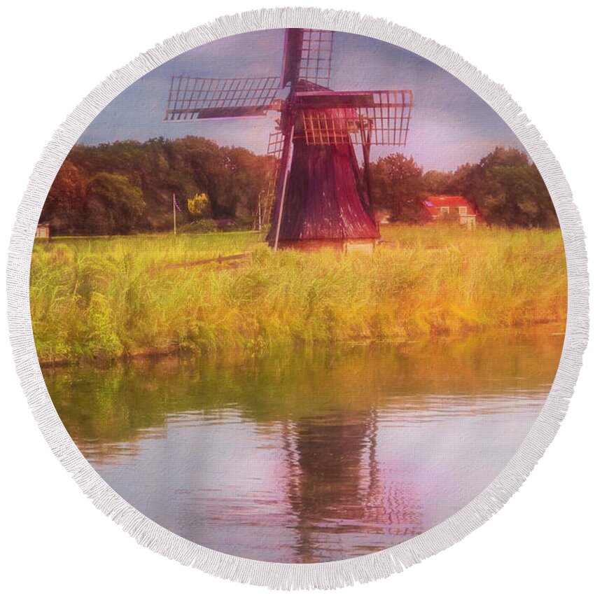 Barns Round Beach Towel featuring the photograph Windmill in the Morning Painting by Debra and Dave Vanderlaan