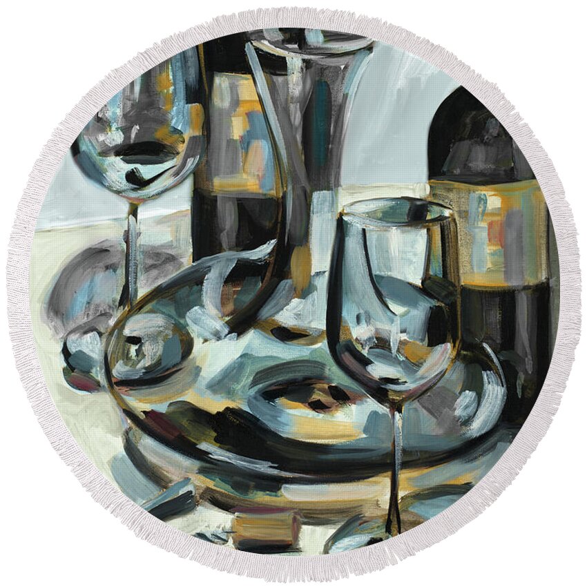 Wine Round Beach Towel featuring the painting Wine With Dinner I by Heather A. French-roussia