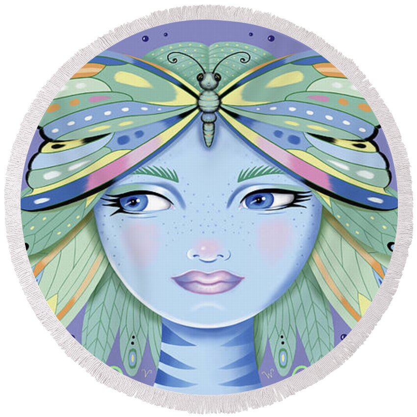 Fantasy Round Beach Towel featuring the digital art Insect Girl, Winga - Oblong Purple by Valerie White
