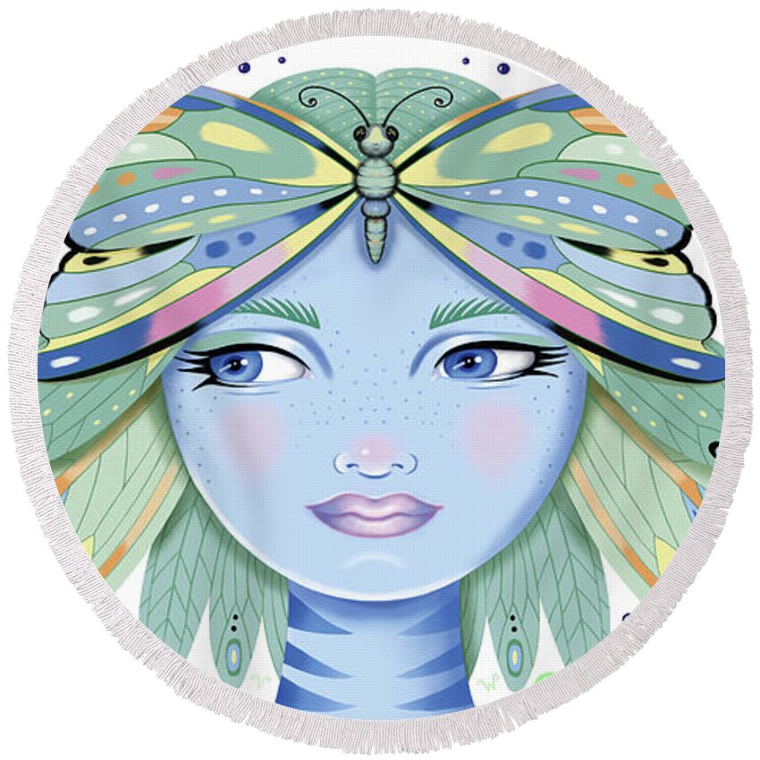 Fantasy Round Beach Towel featuring the digital art Insect Girl, Winga - Oblong White by Valerie White