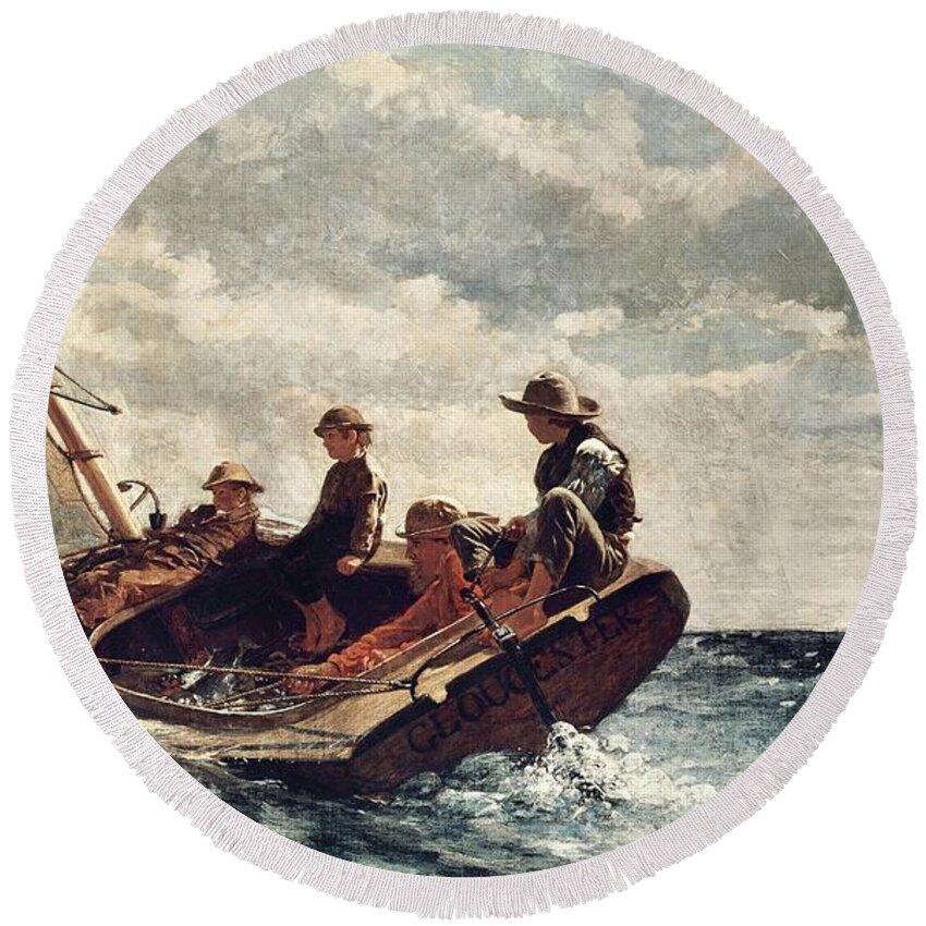 Painting Round Beach Towel featuring the painting Winslow Homer Breezing Up -A Fair Wind-. Date/Period 1873 - 1876. Painting. by Winslow Homer