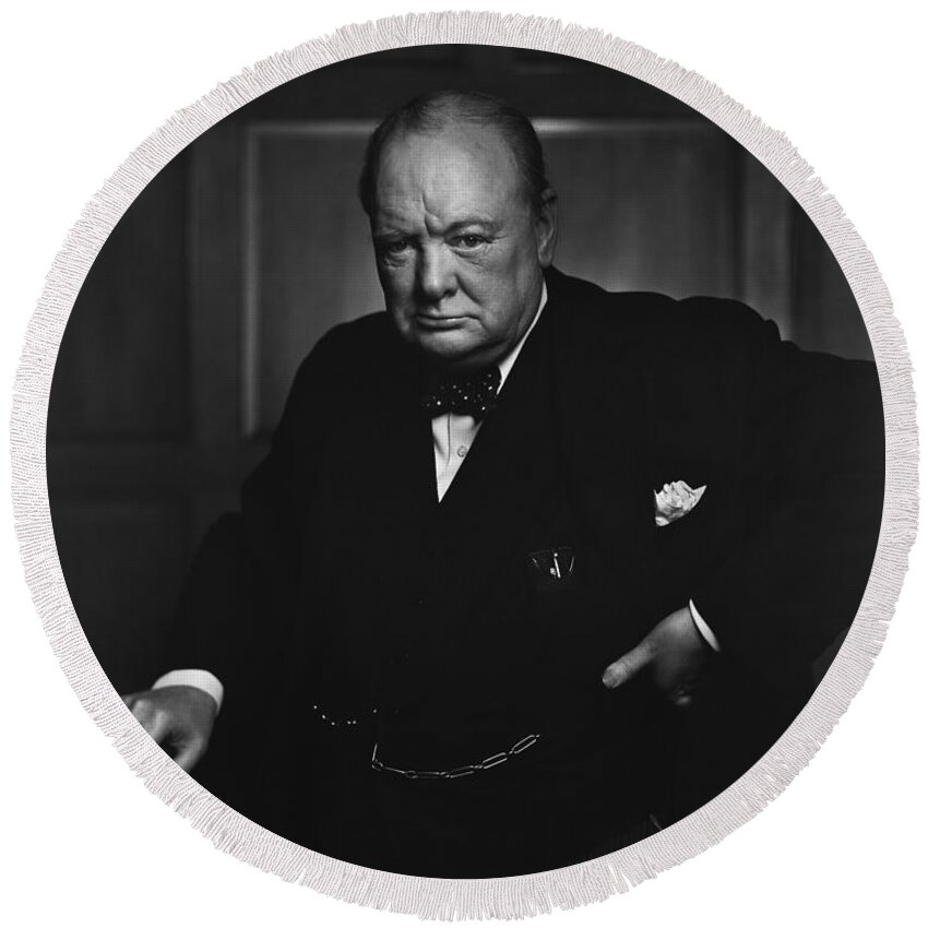 Churchill Round Beach Towel featuring the photograph Winston Churchill Portrait - The Roaring Lion - Yousuf Karsh by War Is Hell Store