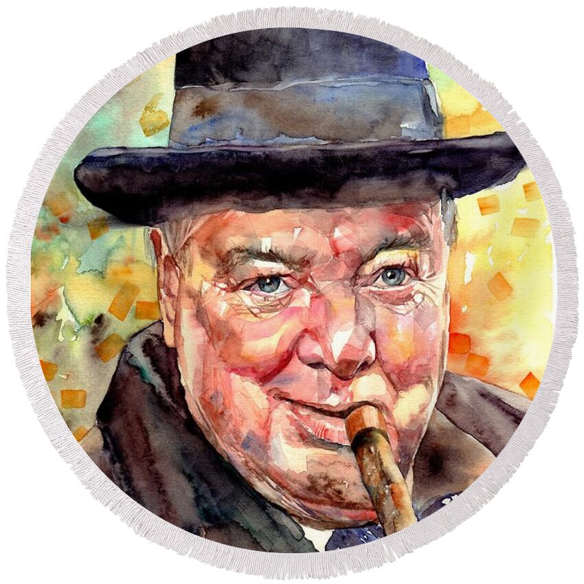 Winston Churchill Round Beach Towel featuring the painting Winston Churchill by Suzann Sines