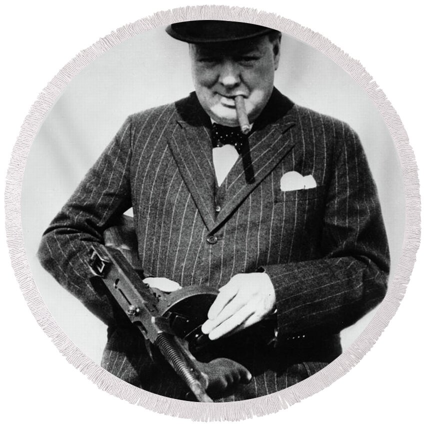 Winston Churchill Round Beach Towel featuring the painting Winston Churchill with Tommy Gun by English School