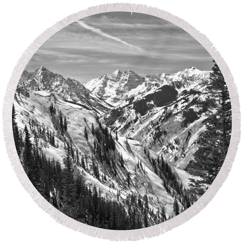 Maroon Bells Round Beach Towel featuring the photograph Winter Bells Through The Trees Black And White by Adam Jewell