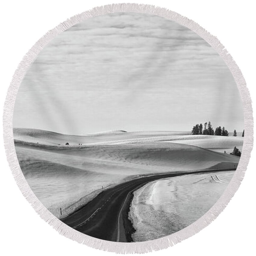 Winter Round Beach Towel featuring the photograph Winter Country Road 2 BW by Tatiana Travelways