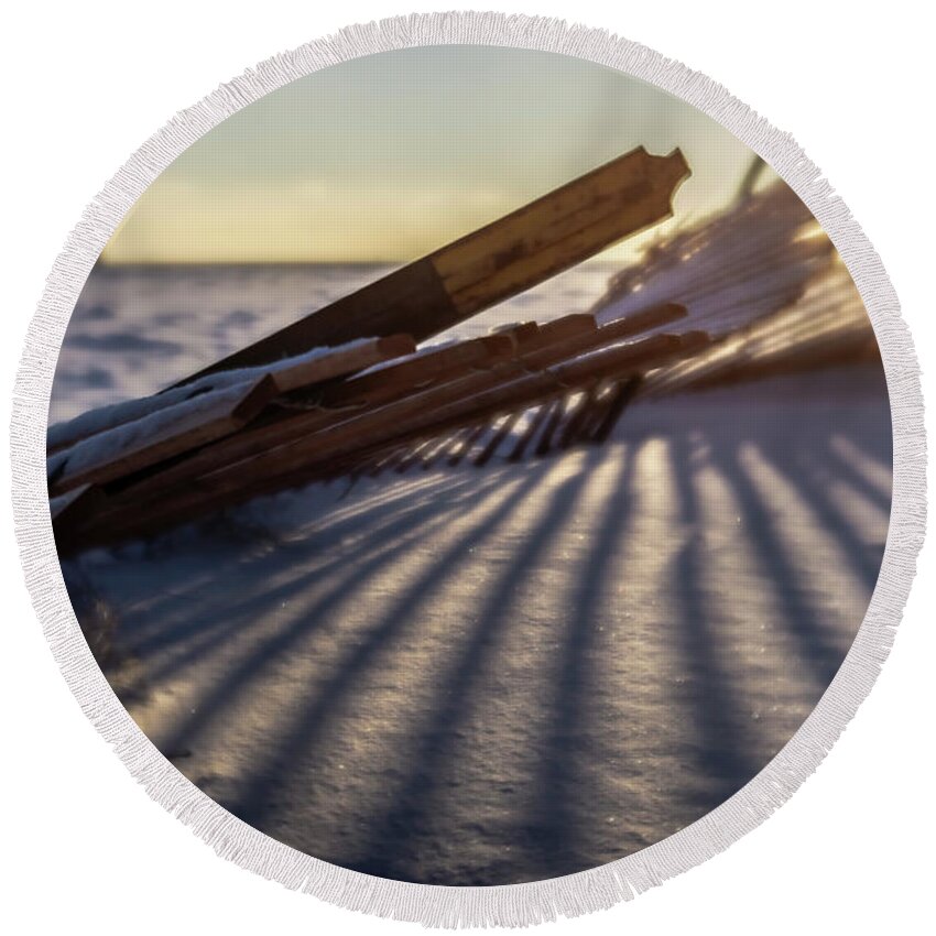 Winter Round Beach Towel featuring the photograph Winter dunes fence at sunrise by Sven Brogren