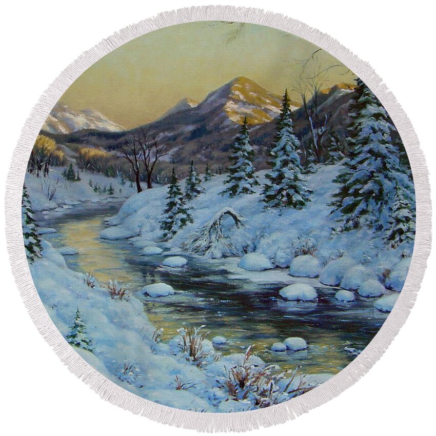Landscape Round Beach Towel featuring the painting Winter Evening by Rick Hansen