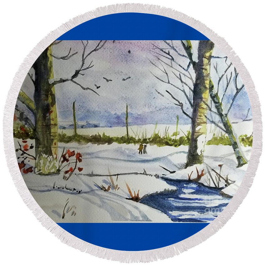 Diane Berry Round Beach Towel featuring the painting Winter Hike by Diane E Berry