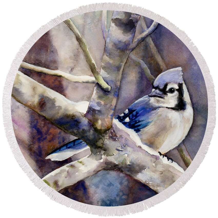 Blue Jay Round Beach Towel featuring the painting Winter Jay by Hailey E Herrera