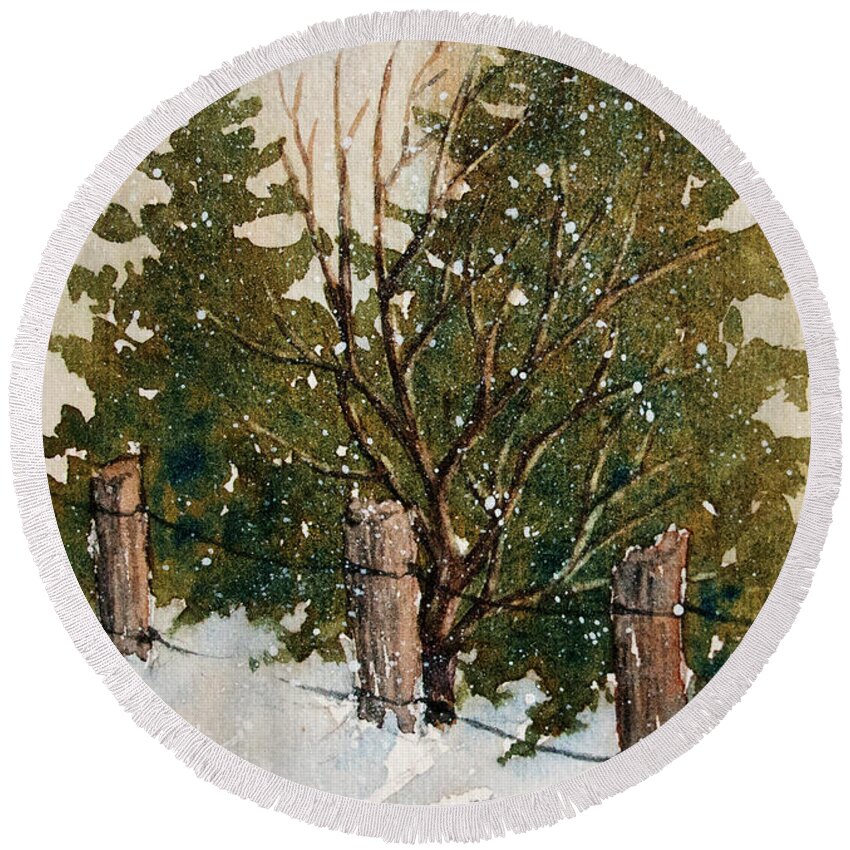 Winter Round Beach Towel featuring the painting Winter Landscape by Rebecca Davis