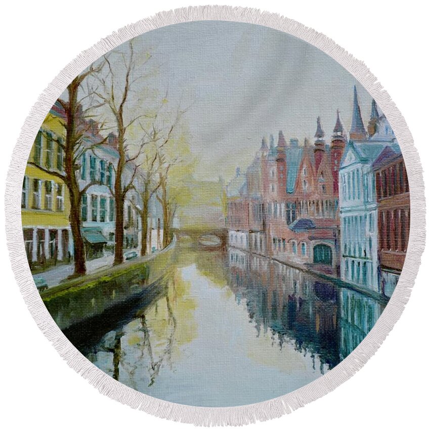 Belgium Round Beach Towel featuring the painting Winter Evening in Bruges by Dai Wynn