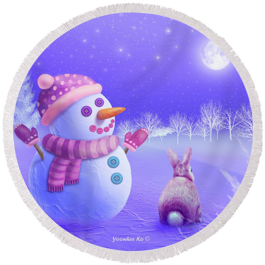 Snowman Round Beach Towel featuring the painting Winter Night Moon Watching by Yoonhee Ko