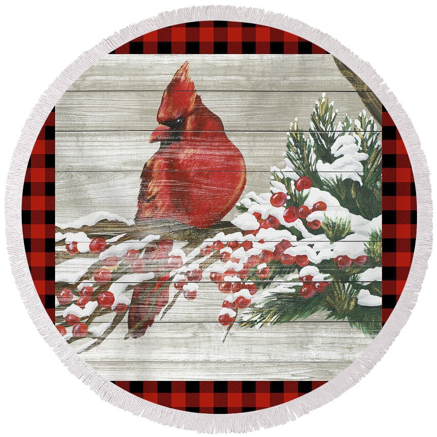 Winter Round Beach Towel featuring the painting Winter Red Bird IIi by Tiffany Hakimipour
