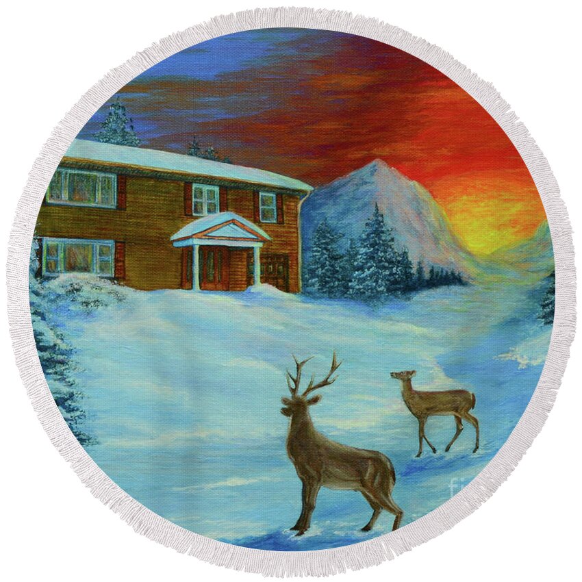 Snow Round Beach Towel featuring the painting Winter Sunrise by Aicy Karbstein