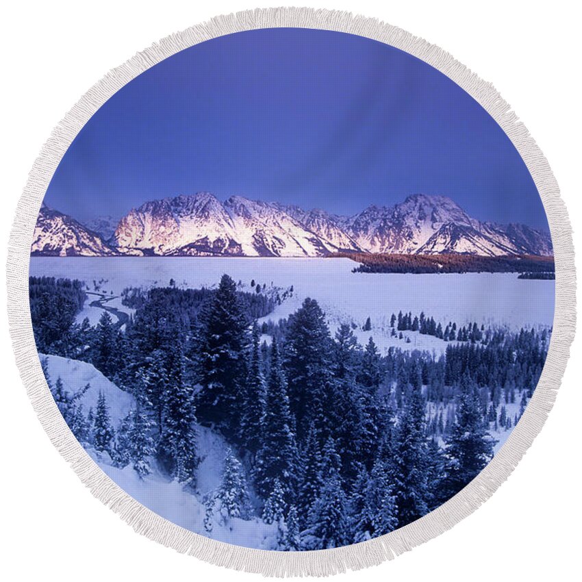 Dave Welling Round Beach Towel featuring the photograph Winter Sunrise Storm Grand Tetons National Park by Dave Welling
