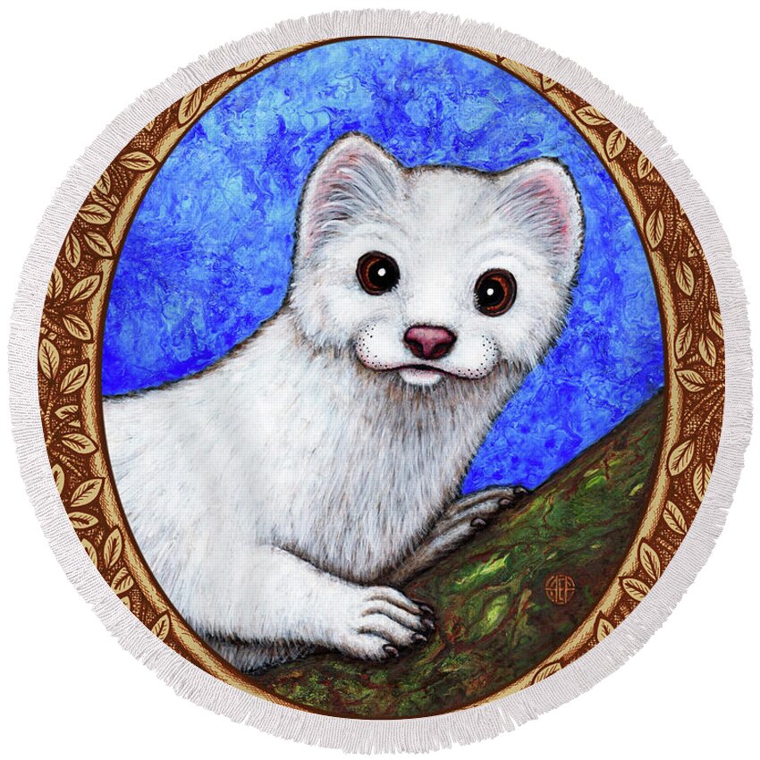 Animal Portrait Round Beach Towel featuring the painting Winter Weasel Portrait - Brown Border by Amy E Fraser