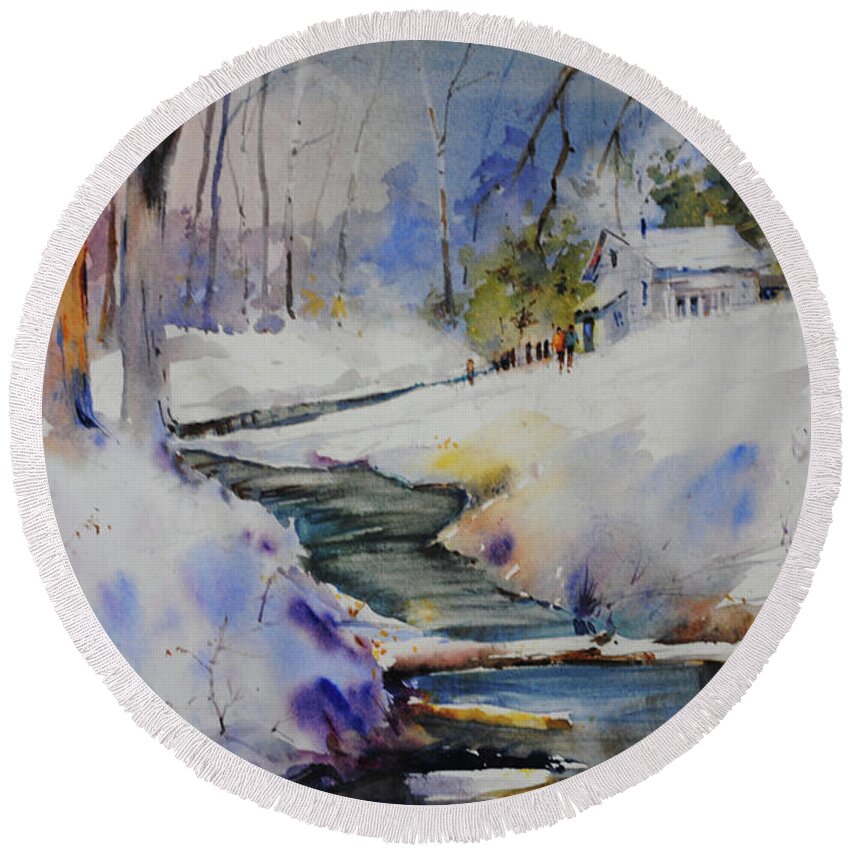New England Scenes Round Beach Towel featuring the painting Winter Wilderness by P Anthony Visco