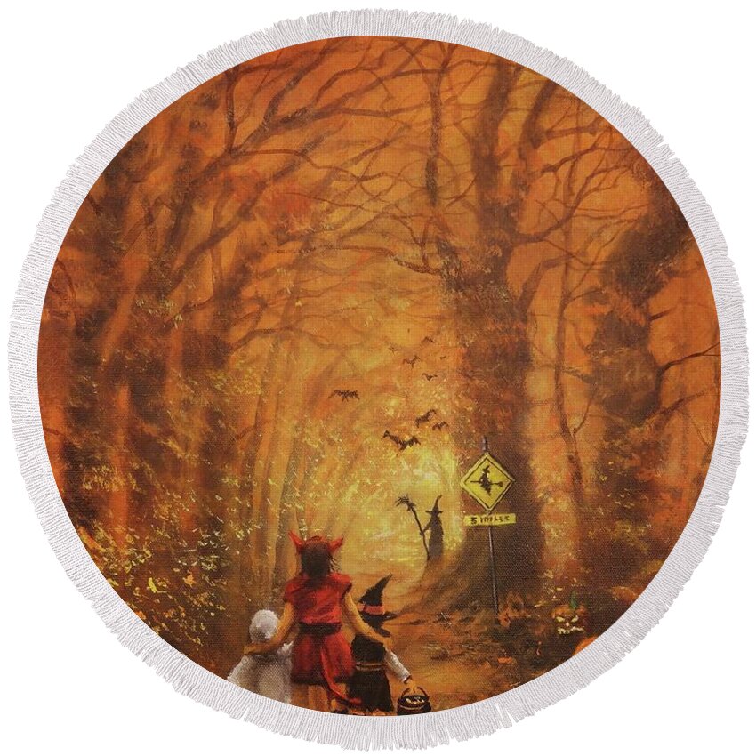 Halloween Round Beach Towel featuring the painting Witch Crossing Ahead by Tom Shropshire