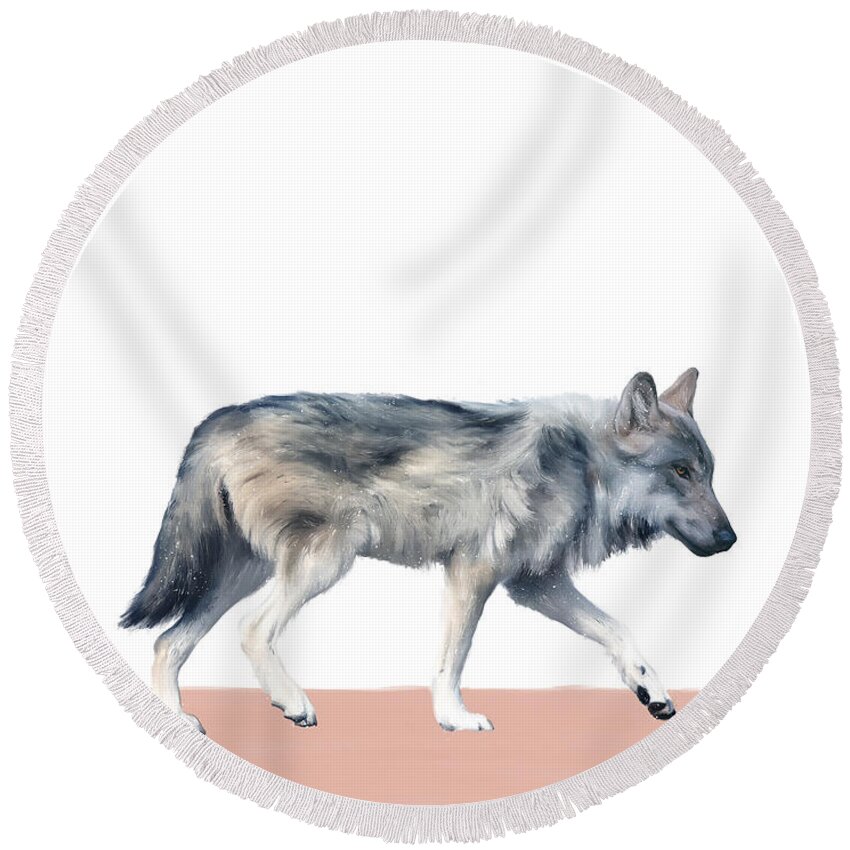 Wolf Round Beach Towel featuring the painting Wolf on Blush by Amy Hamilton