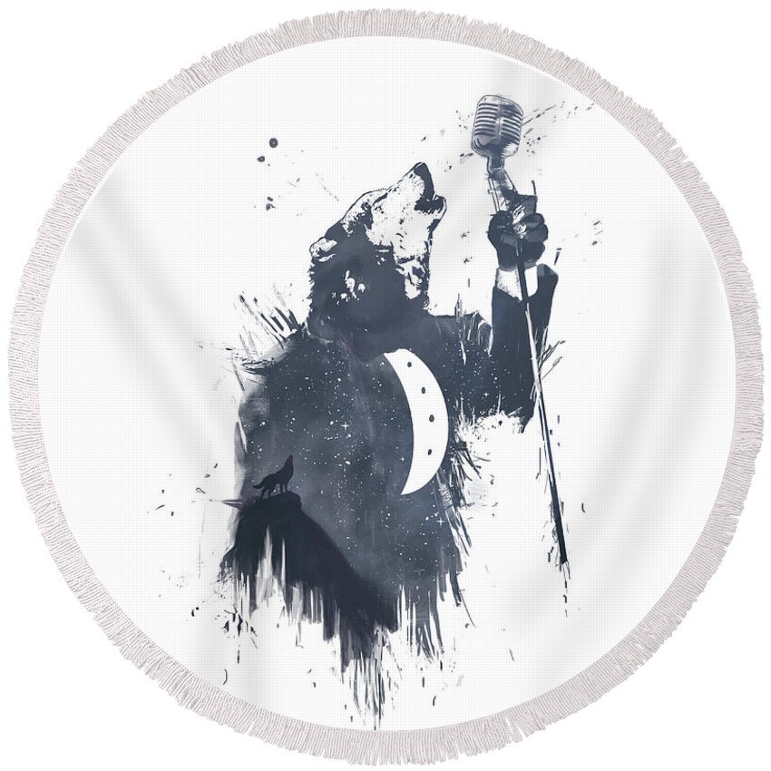Wolf Round Beach Towel featuring the mixed media Wolf song by Balazs Solti