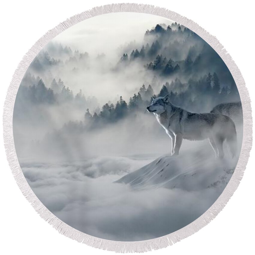 Photo Round Beach Towel featuring the photograph Wolfs in the snow by Top Wallpapers