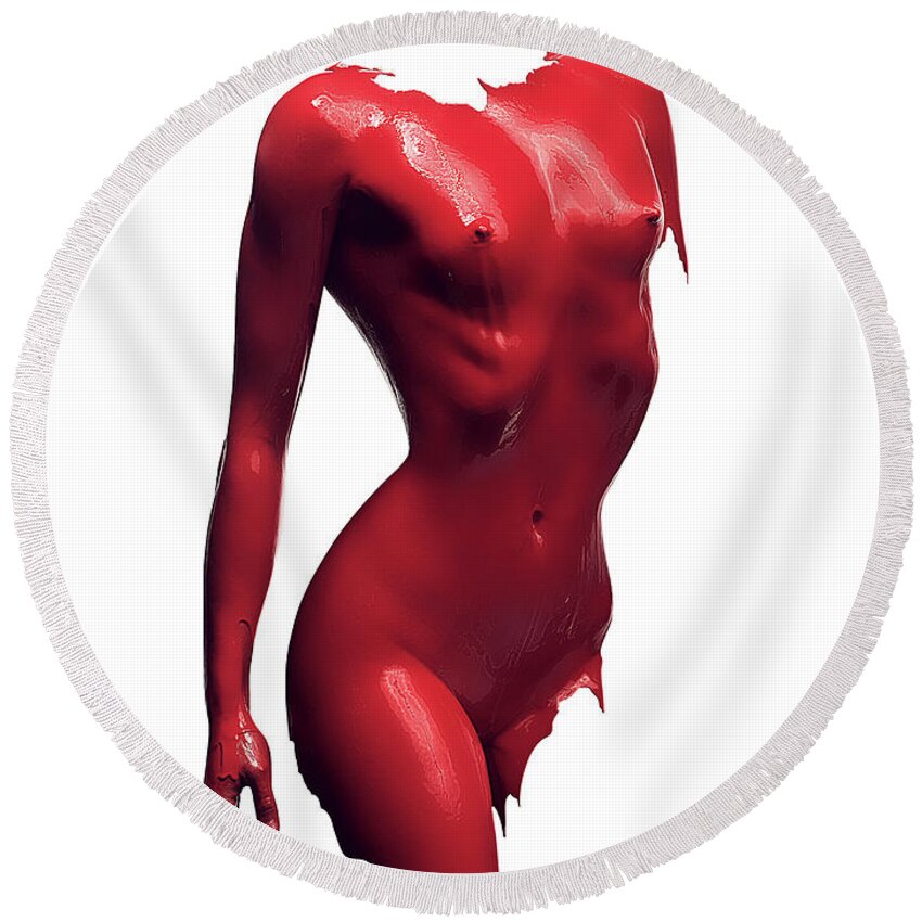 Woman Round Beach Towel featuring the photograph Woman body red paint by Johan Swanepoel